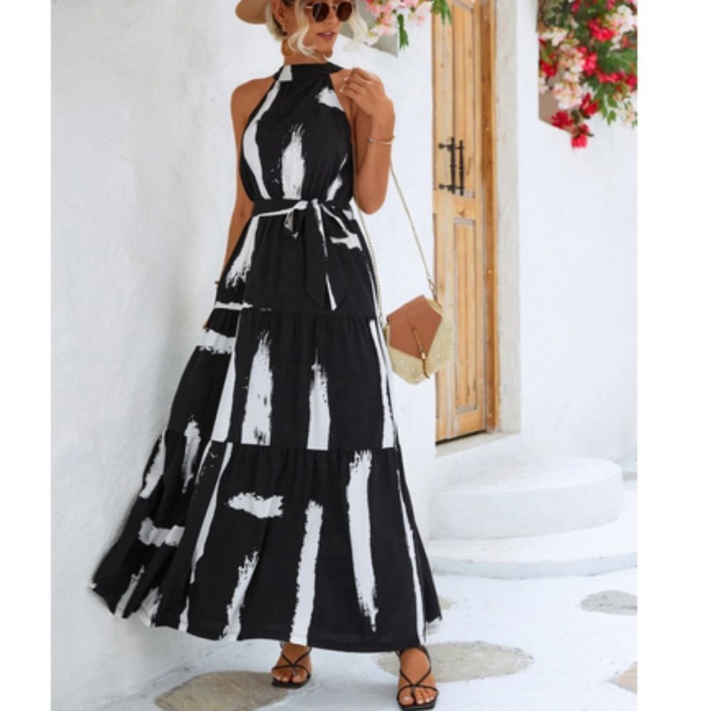 Black Preppy Womens Brush Print Ruffle Hem Belted Halter maxi Dress - Picture 4 of 6